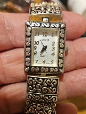 Geneva Silver-Tone Ornate Filigree Bracelet Watch